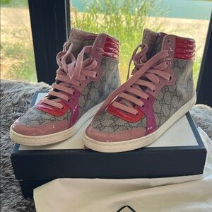 Gucci Pink and Red GG Canvas High-Top Sneakers